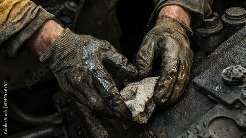 Obraz na płótnie A mechanic wiping greasy hands on a rag after working on a car engine w salonie