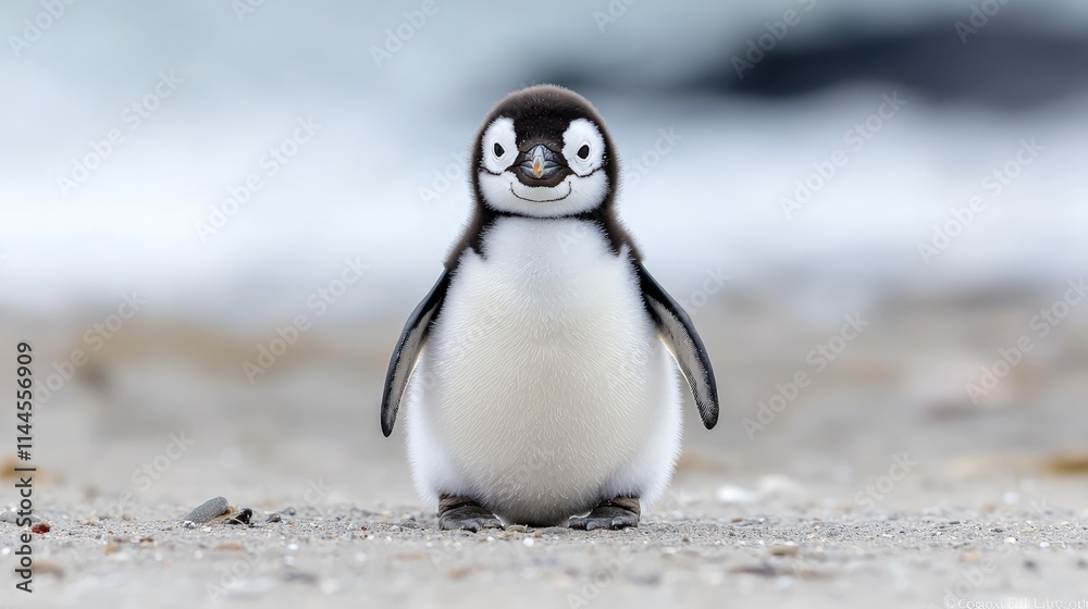 Fototapeta premium Adorable baby penguin chick on beach.