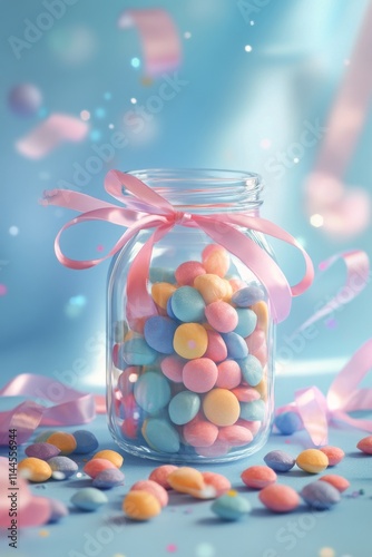 Colorful candy jar filled with pastel candies and decorated with a pink ribbo...