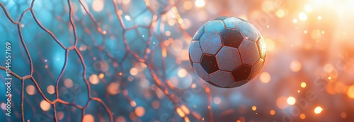 Soccer ball striking the net during a bright match under the evening sun with...