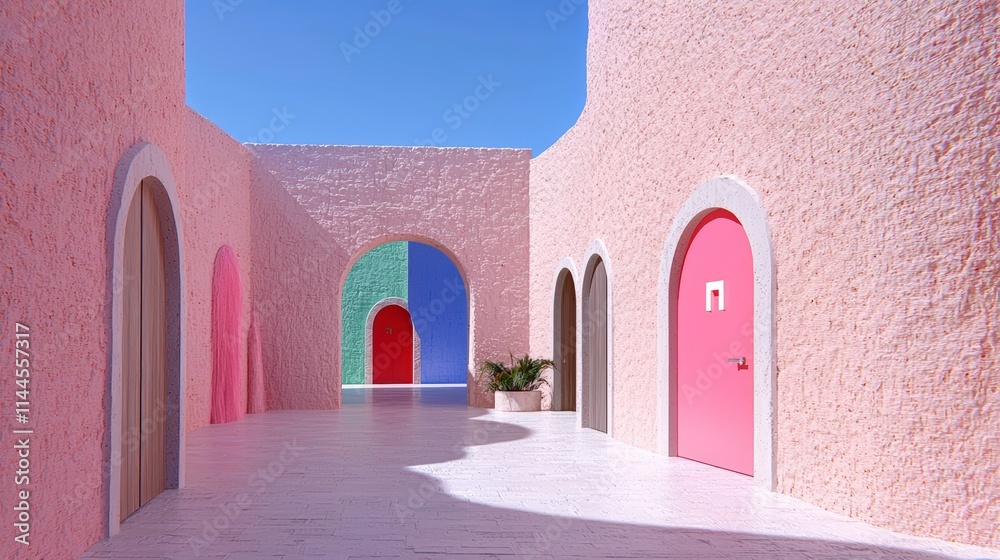 Naklejka premium Modern Minimalist Architecture Pastel Pink Building Colorful Doors Archways