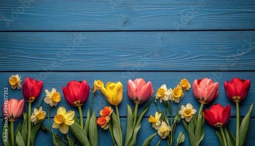 Colorful arrangement of tulips and daffodils on blue wooden background showca...