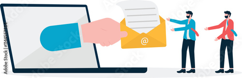 Businessmen give email to everyone for email marketing promotion. Illustration For Wallpaper, Banner, Background, Book Illustration, And Web Landing Page.


