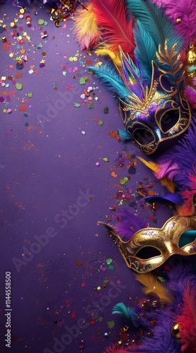 Colorful carnival masks adorned with feathers and sequins resting on a vibran...