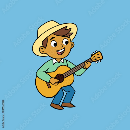 the boy is playing the guitar