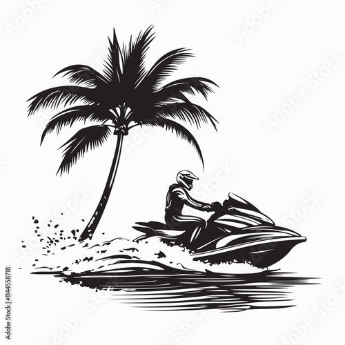 Jet Ski Rider on Tropical Island Beach with Palm Trees Vector Art