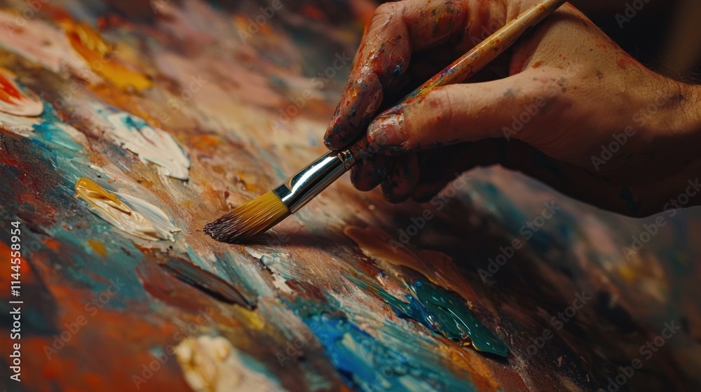 Close-up of hands with paint stains, holding a paintbrush in a creative workspace