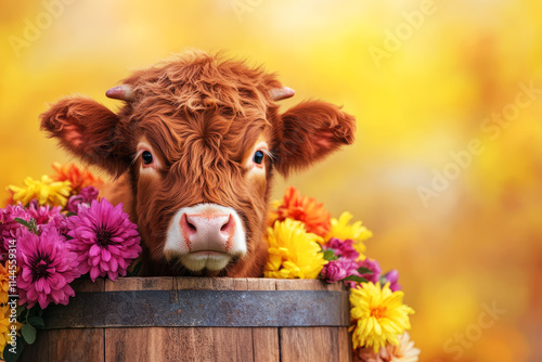 Cute calf peeking out of a wooden barrel surrounded by colorful flowers in a sunny landscape photo