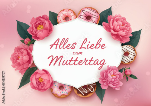 Alles Liebe zum Muttertag means Happy Mother's Day in German with flowers and donuts in a beautiful arrangement