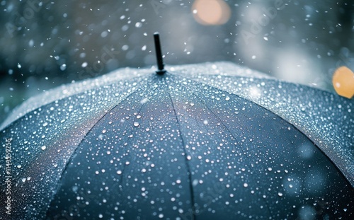 Close-up of a black umbrella with water droplets during a rainy day, capturin...