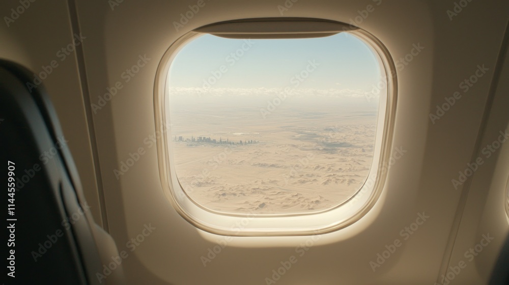 View from an airplane window overlooking a desert landscape. View from an airplane window overlooking a desert landscape.