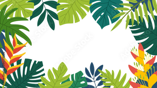 Tropical leaves and flowers frame template. Exotic jungle plants background with place for text. White background.