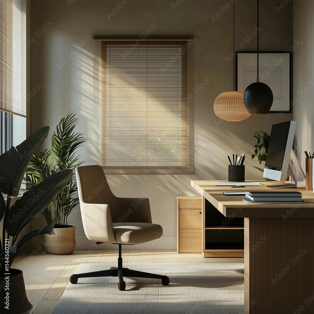Fototapeta premium Modern Home Office with Wooden Accents