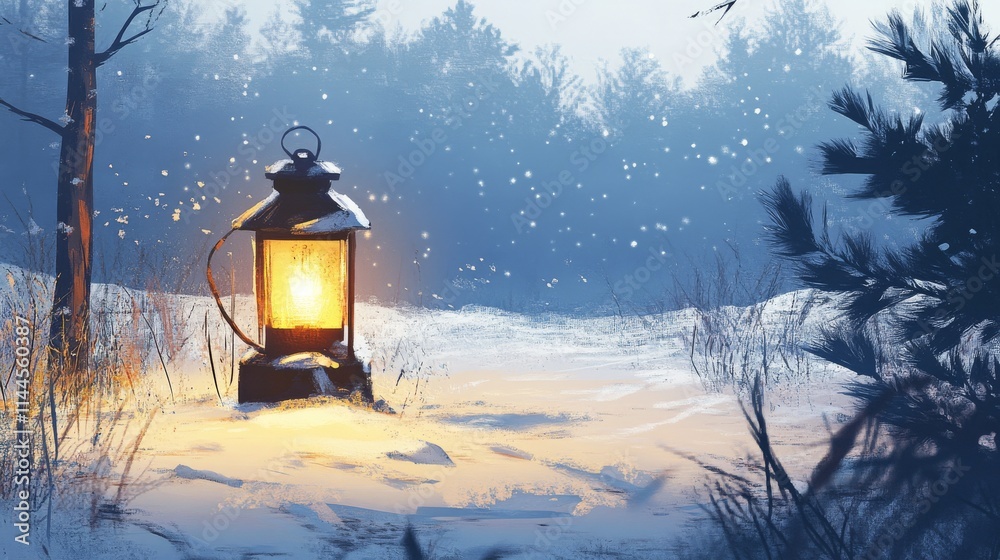A glowing lantern in the middle of a snowy forest scene creates a magical winter mood. The soft snowflakes and evening light evoke calm and wonder.. AI Generation A glowing lantern in the middle of a snowy forest scene creates a magical winter mood. The soft snowflakes and evening light evoke calm and wonder.. AI Generation