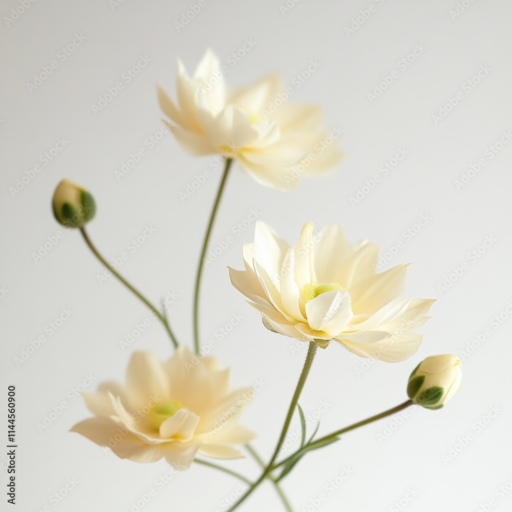 Fototapeta premium close up of cream-colored flowers on stems against a white background