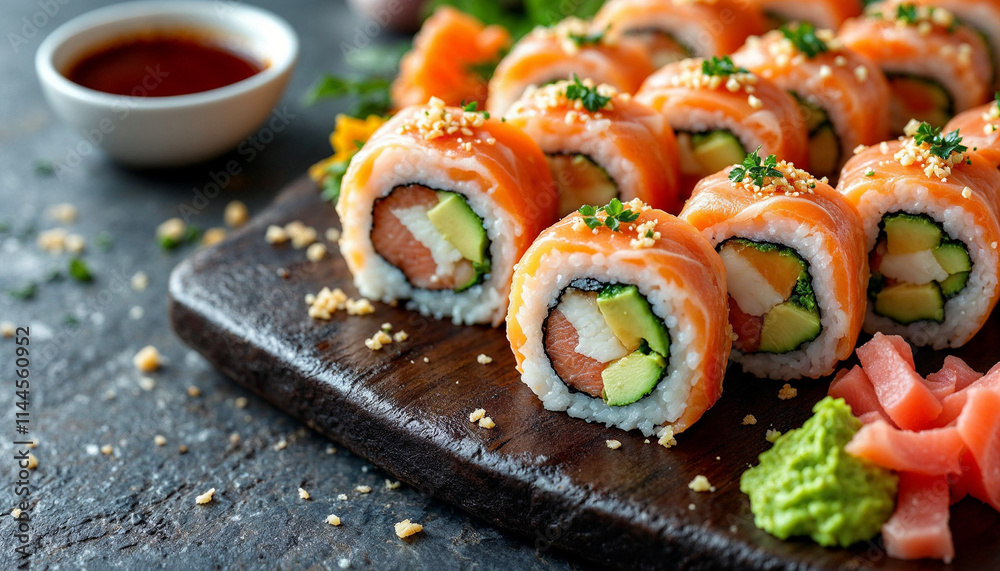 Delicious Salmon Avocado Sushi Rolls on Wooden Board Delicious Salmon Avocado Sushi Rolls on Wooden Board