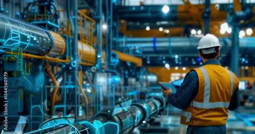 A worker and a petroleum engineer inspect a pipeline at an upstream oil and gas facility. Project engineers collaborate while overseeing production in a modern Industry 4.0 factory. A worker and a petroleum engineer inspect a pipeline at an upstream oil and gas facility. Project engineers collaborate while overseeing production in a modern Industry 4.0 factory.