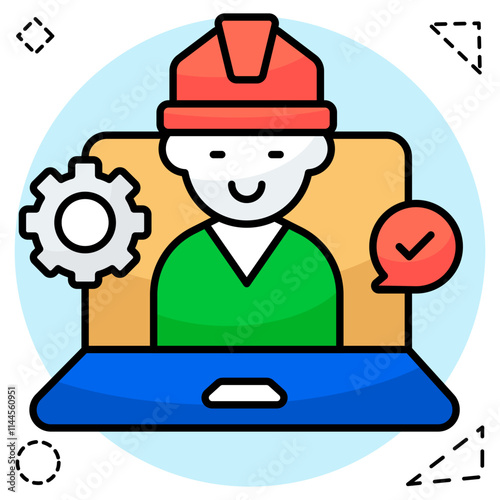 Avatar wearing hard hat inside laptop, icon of online labor
