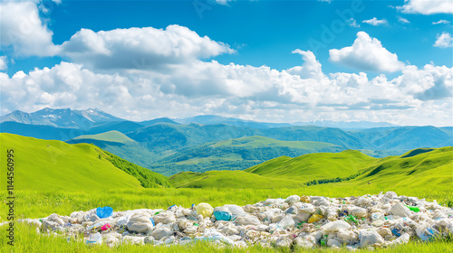 A lush green meadow with blue sky above contrasting a heap of plastic waste in the foreground. Environmental pollution and recycling awareness concept. photo