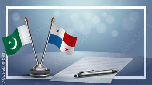 Pakistan and Panama National flags on small table with bokeh background, cooperative relationship