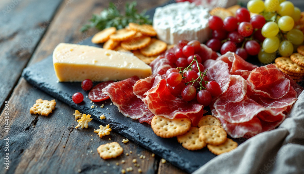 Gourmet Cheese and Meat Platter with Grapes and Crackers Gourmet Cheese and Meat Platter with Grapes and Crackers