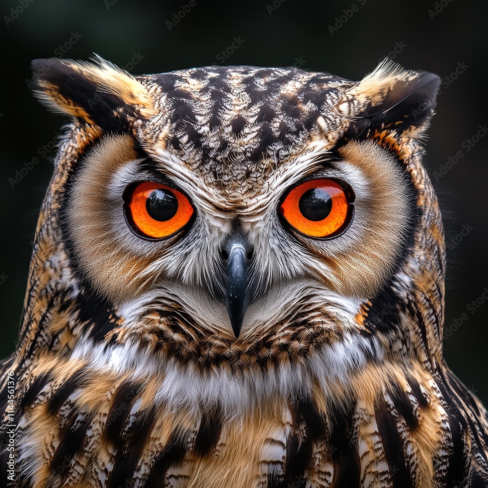close-up of an owl with bright orange eyes close-up of an owl with bright orange eyes