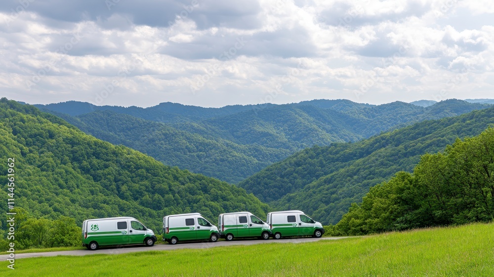 Four green vans parked on a scenic hillside, overlooking rolling mountains under a cloudy sky, showcasing nature's beauty and tranquility. Four green vans parked on a scenic hillside, overlooking rolling mountains under a cloudy sky, showcasing nature's beauty and tranquility.