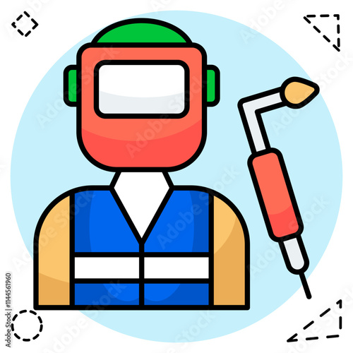 Avatar wearing helmet with flaming pipe, icon of welder