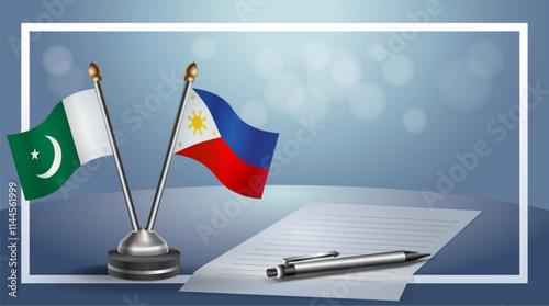 Pakistan and Philippines National flags on small table with bokeh background, cooperative relationship