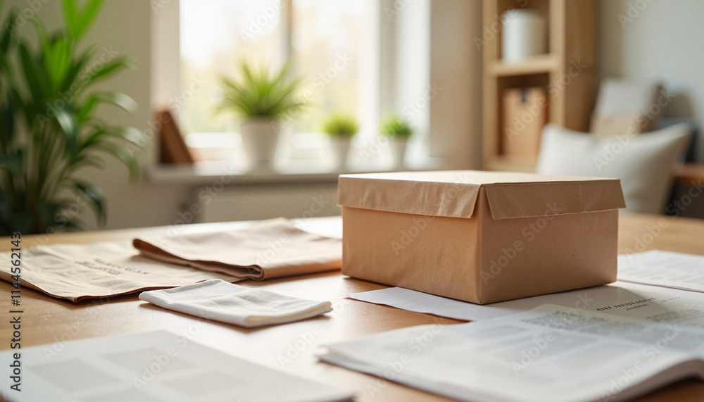 Cardboard box and papers on table in sunny room
Cardboard box and papers on table in sunny room