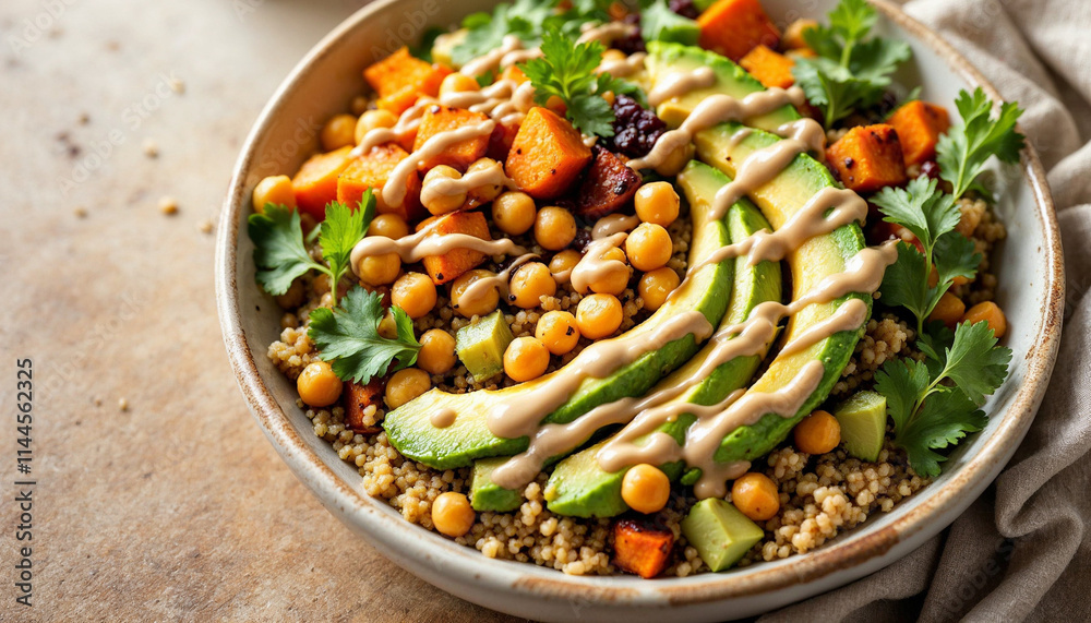 Roasted Sweet Potato & Chickpea Quinoa Bowl with Tahini Dressing