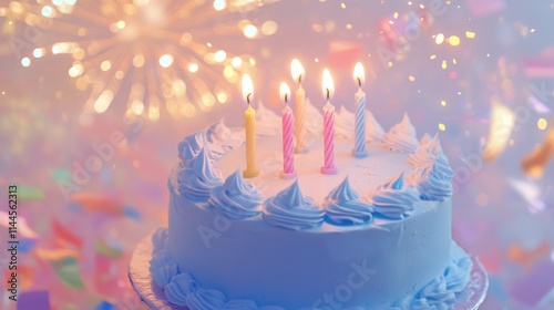 Colorful birthday cake with candles and festive decorations glowing brightly ...
