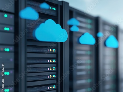 Close-up of server racks with bright blue cloud symbols, symbolizing cloud computing and data storage solutions in modern technology.