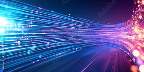 High-speed fiber optic cables glowing with neon blue and purple light, symbolizing fast internet, technology, and communication in a futuristic aesthetic.