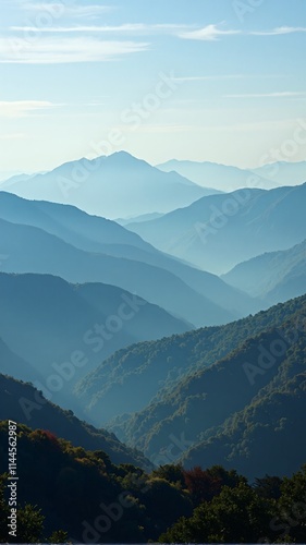 Great Smoky Mountains National Park panorama, Foggy blue ridge mountains, vertical orientation.