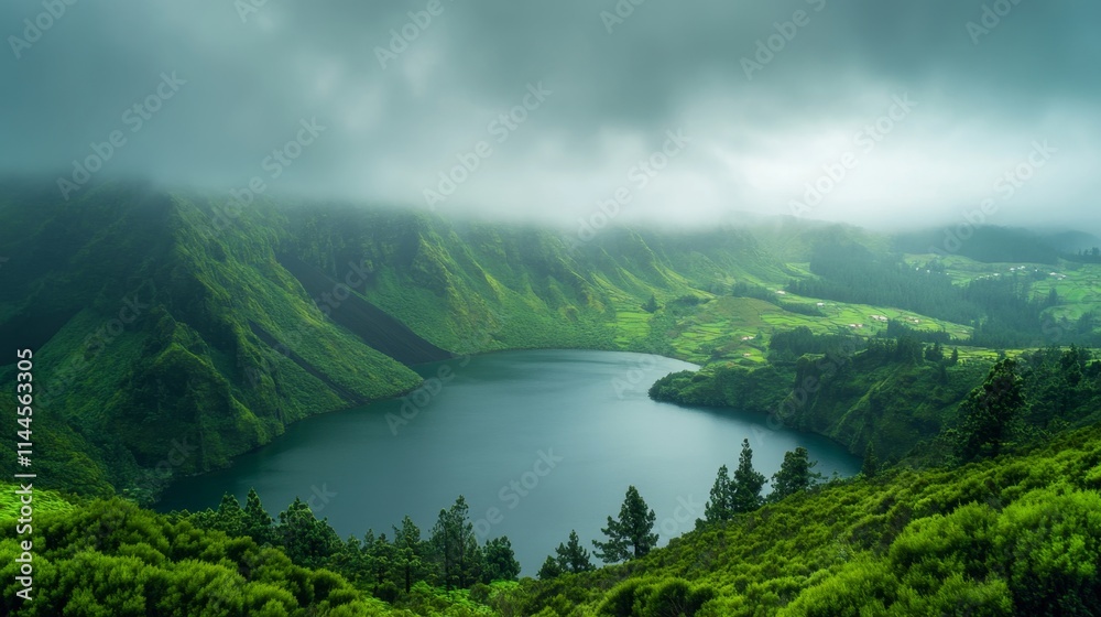 Fototapeta premium Serene Mountain Lake in a Misty Valley