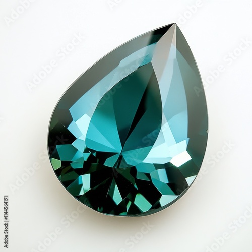 Stunning teal gemstone cut in a teardrop shape resting on a white background,...