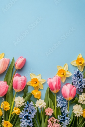 Colorful arrangement of spring flowers on a blue background showcasing variou...