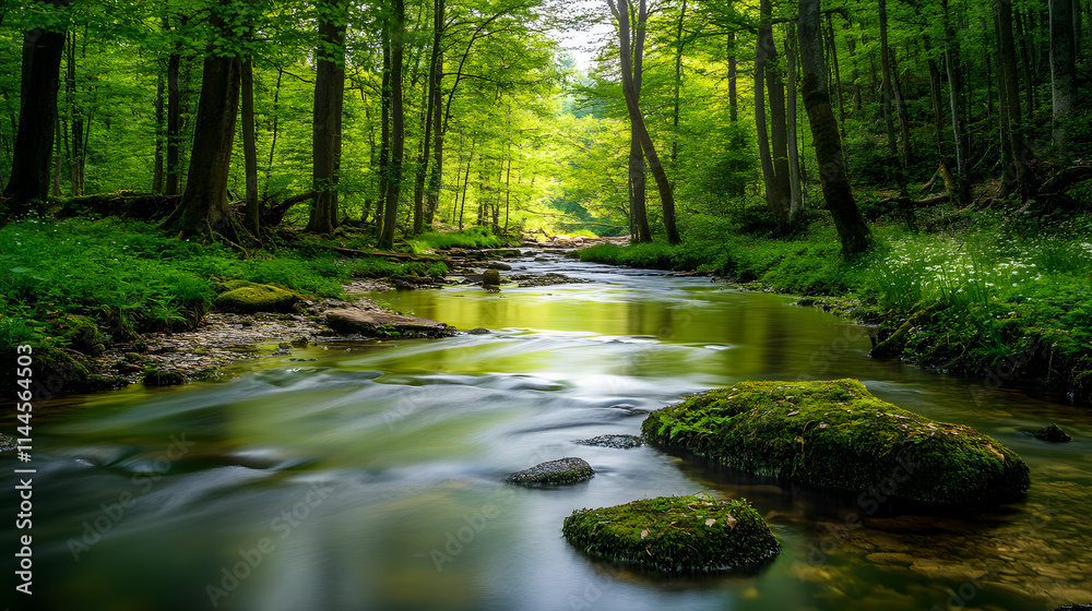 Obraz premium A river flowing through a spring forest.