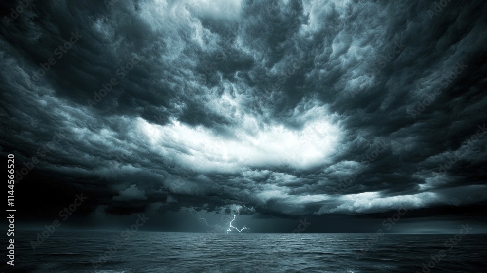 Fototapeta premium A stormy sky with dark clouds and lightning striking in the distance, creating a dramatic effect.