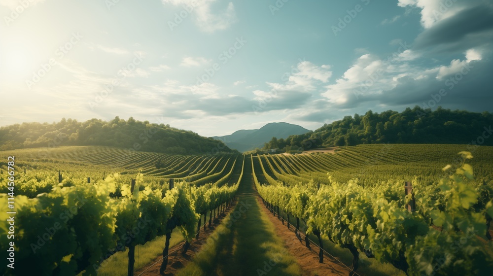 Fototapeta premium A sunny vineyard with soft natural light, space on the left for creative design,generative ai illustration