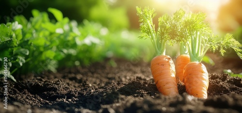 Freshly harvested carrots thrive in a sunlit garden, showcasing vibrant color...