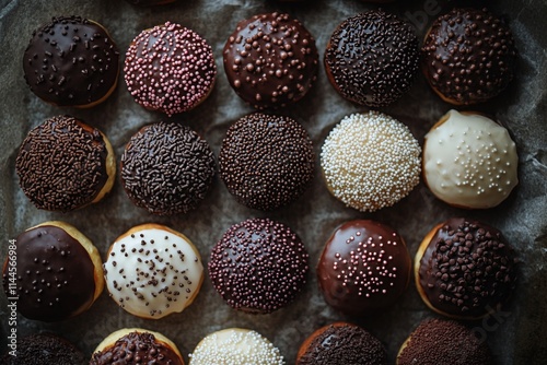 Assortment of delicious donuts arranged neatly on parchment paper in a bakery...