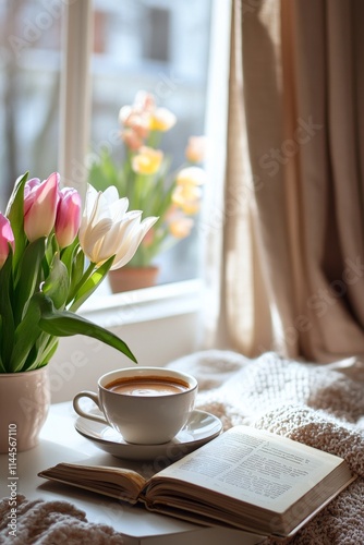 Cozy indoor setting with a cup of tea, open book, and a vase of colorful tuli...