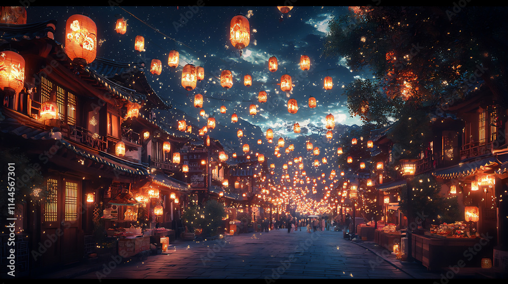 a vibrant korean street festival scene filled with hanging lanterns, a vibrant korean street festival scene filled with hanging lanterns,