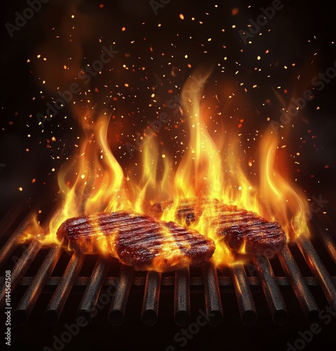 Grilling marinated steak on a barbecue with flames and sparks at a summer gat...
