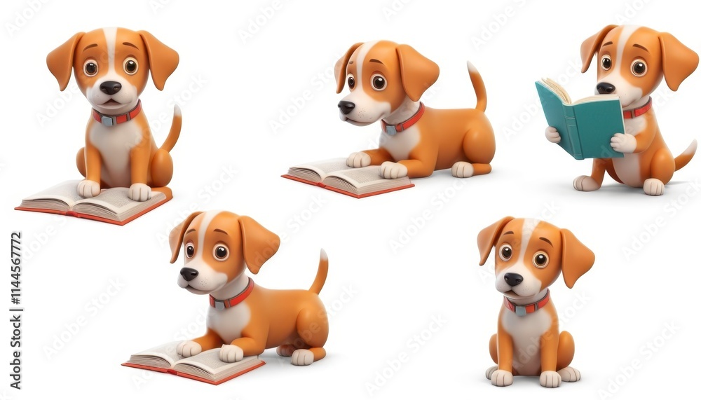 Set of adorable puppies reading books, isolated on white background. Ideal for educational materials, children's books, and playful designs.
Set of adorable puppies reading books, isolated on white background. Ideal for educational materials, children's books, and playful designs.
