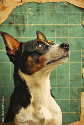 Close-up of a dog gazing upward, set against a rustic, textured background. Vibrant colors and fine details create a unique and artistic canine portrait. photo