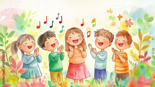 group of cheerful children clapping and singing together in colorful, vibrant outdoor setting surrounded by flowers and musical notes, expressing joy and harmony