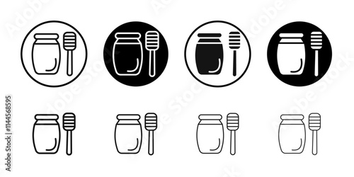 Honey jar with dipper icon Flat outline fill set collection